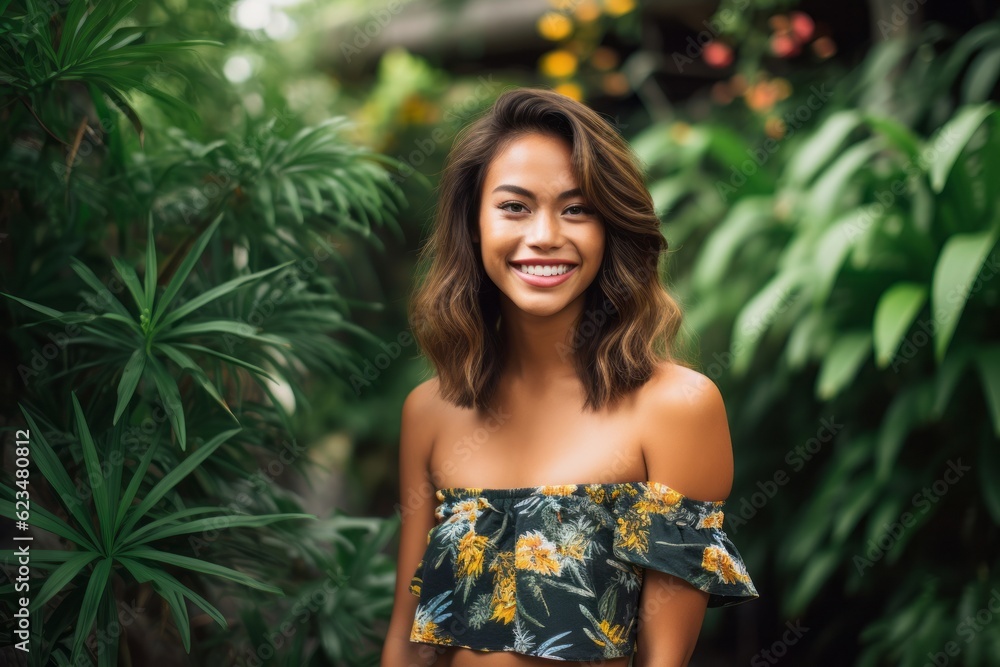 Poster Lifestyle portrait photography of a satisfied mature girl wearing a cute crop top against a botanical garden background. With generative AI technology