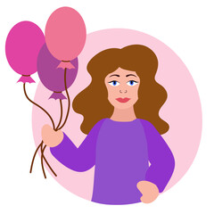 Birthday party woman. Girl holding balloons. Vector flat illustration