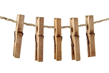 Wooden dilapidated clothespins on rope isolated on white background