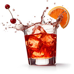 cherry and orange slice falling into a splashing old fashioned tilted on white background