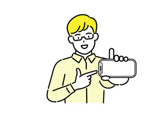 Man showing smartphone screen and promoting, marketing concept