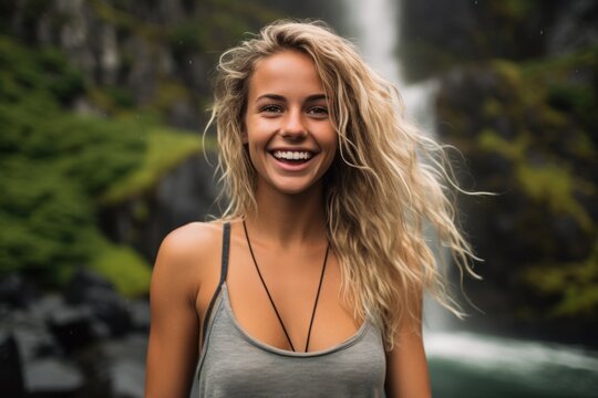 Medium shot portrait photography of a grinning girl in her 30s wearing a cute crop top against a majestic waterfall background. With generative AI technology