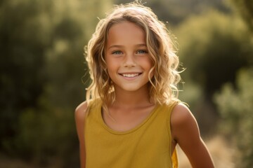 Headshot portrait photography of a happy kid female wearing a cute crop top against a national park background. With generative AI technology