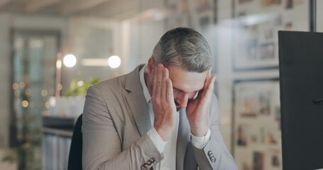 Businessman, headache and stress in burnout, anxiety or overworked on computer at the office desk. Senior male person, tired or frustrated in mistake, mental health problems or fatigue at workplace