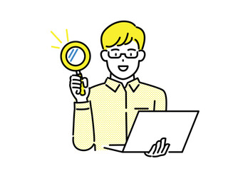 Businessman holding magnifying glass, business concept