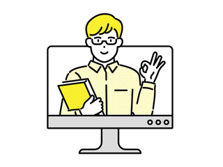 Businessman explains online social marketing concepts in a monitor