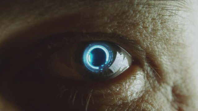 Android eye with a glowing cybernetic iris staring at the camera. Macro, close-up. Loop. Looping footage. Sci fi, science fiction cinematic video. AI, Artificial intelligence concept.