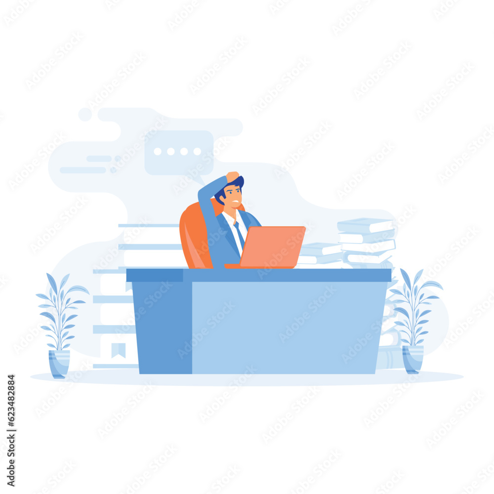 Poster deadline concept, manager sitting at computer desk with stack of documents, flat vector modern illus