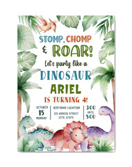 Birthday invitation card with dinosaur theme watercolor background template © Yuni
