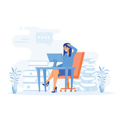 Overworked businesswoman, female manager sitting office desk in big pile of documents,  flat vector modern illustration