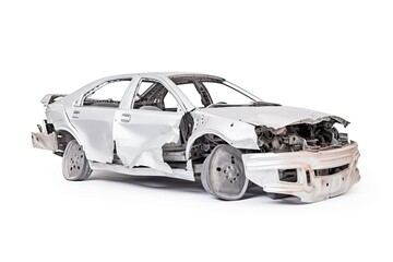 Old car after an accident isolated on a white background. Generative ai.