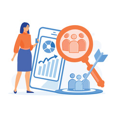 Target audience, woman set up advertice on social networks in smartphone app, flat vector modern illustration