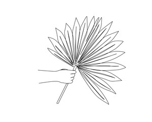 Continuous one line drawing of hand holding tropical leaf. Hand holds palm leaf outline design.  Editable stroke.