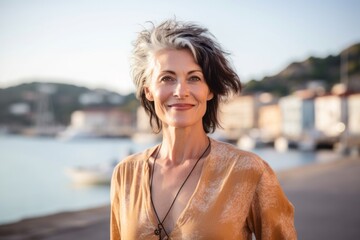 Studio portrait photography of a satisfied mature girl wearing an elegant long-sleeve shirt against a picturesque harbor background. With generative AI technology