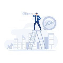 Looking for new job, businessman climb a ladder on job search bar with binocular to see opportunity, flat vector modern illustration