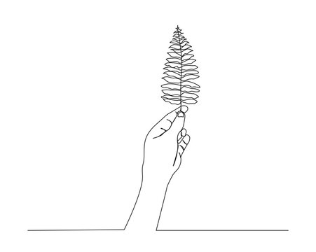 Continuous one line drawing of hand holding tropical leaf. Hand holds Polypodiales leaf outline design.  Editable stroke.