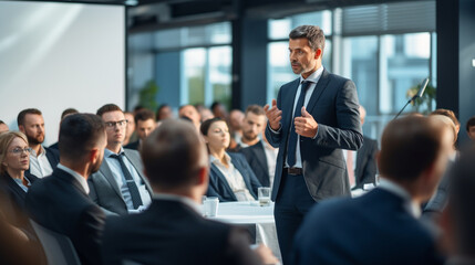 A confident entrepreneur delivering a captivating presentation to an attentive audience Generative AI