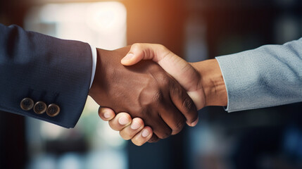 A close-up of a handshake between two business partners, signifying trust and collaboration Generative AI - obrazy, fototapety, plakaty