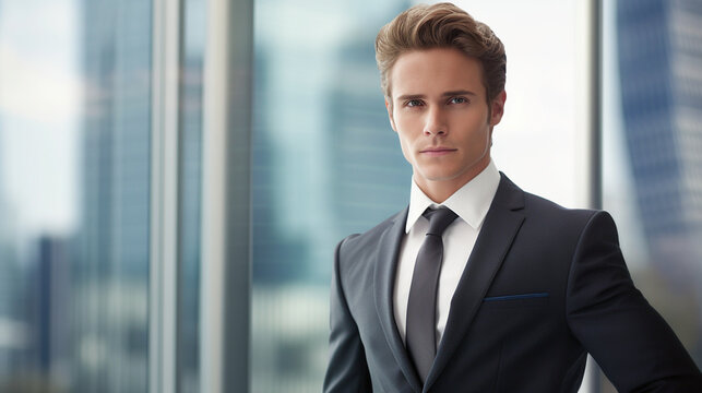 A close-up of a confident businessman/woman in a sleek suit, standing against a glass skyscraper Generative AI