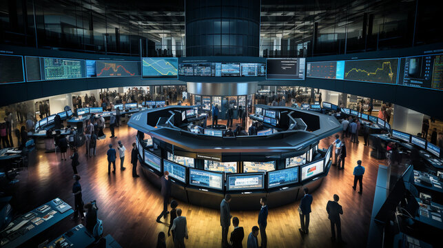 An aerial shot of a bustling stock exchange floor, capturing the intensity and energy of financial markets Generative AI