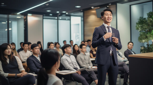 A confident entrepreneur delivering a captivating presentation to an attentive audience Generative AI