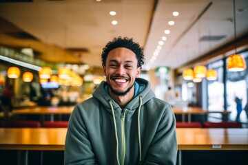 Sports portrait photography of a grinning boy in his 30s wearing a cozy sweater against a bustling food court background. With generative AI technology