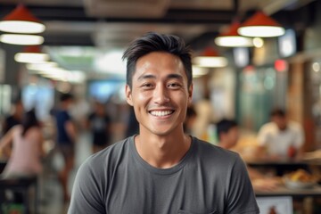 Obraz premium Close-up portrait photography of a grinning boy in his 30s wearing a casual t-shirt against a bustling food court background. With generative AI technology