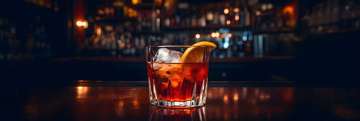 Old-fashioned drink at bar with a slice of orange, cherry and ice, a classic alcoholic drink