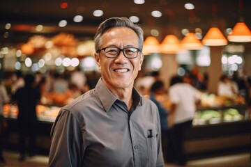 Fototapeta premium Lifestyle portrait photography of a grinning mature man wearing an elegant long-sleeve shirt against a bustling food court background. With generative AI technology