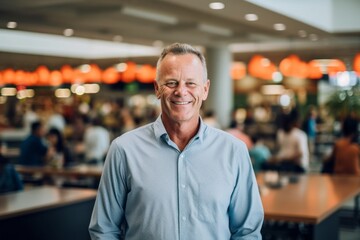 Fototapeta premium Lifestyle portrait photography of a grinning mature man wearing an elegant long-sleeve shirt against a bustling food court background. With generative AI technology