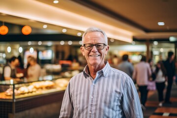 Fototapeta premium Lifestyle portrait photography of a grinning mature man wearing an elegant long-sleeve shirt against a bustling food court background. With generative AI technology