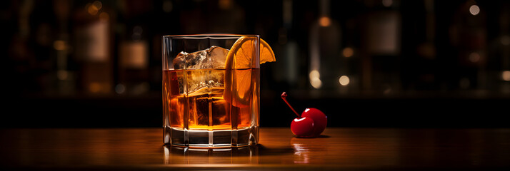 Old-fashioned drink at bar with a slice of orange, cherry and ice, a classic alcoholic drink - obrazy, fototapety, plakaty