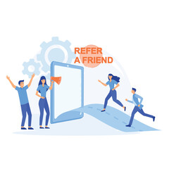 Refer a friend concept, Man and Women get out of the smartphone with megaphones to refer a friend, flat vector modern illustration 