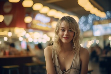 Photography in the style of pensive portraiture of a joyful mature girl wearing a intimate apparel against a bustling food court background. With generative AI technology