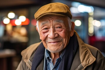 Close-up portrait photography of a tender old man wearing a cool cap against a bustling food court background. With generative AI technology