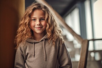 Eclectic portrait photography of a grinning kid female wearing a stylish hoodie against a spacious loft background. With generative AI technology