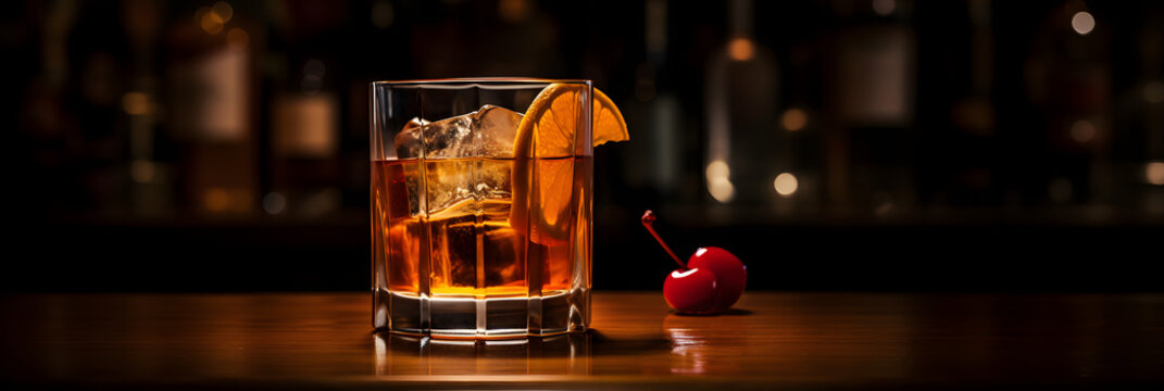 Old-fashioned drink at bar with a slice of orange, cherry and ice, a classic alcoholic drink