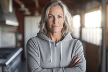 Obraz premium Editorial portrait photography of a glad mature girl wearing a cozy zip-up hoodie against a spacious loft background. With generative AI technology