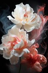 Red and white tulips in smoke. Ai generation