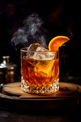 An Old Fashioned cocktail on a tray with a slice of orange and ice, a classic alcoholic drink
