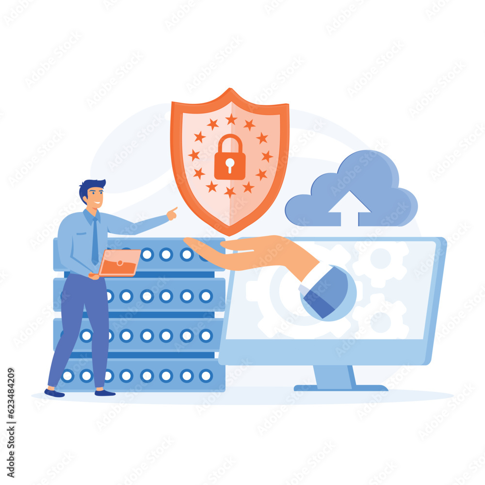 Poster database security hacker attack concept. hackers stealing personal data. flat vector modern illustra