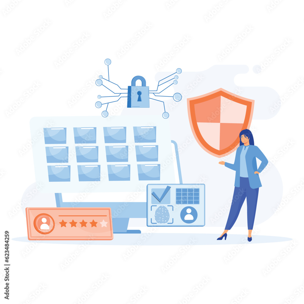 Poster personal cyberspace data security, shield log in protection web access control, flat vector modern i