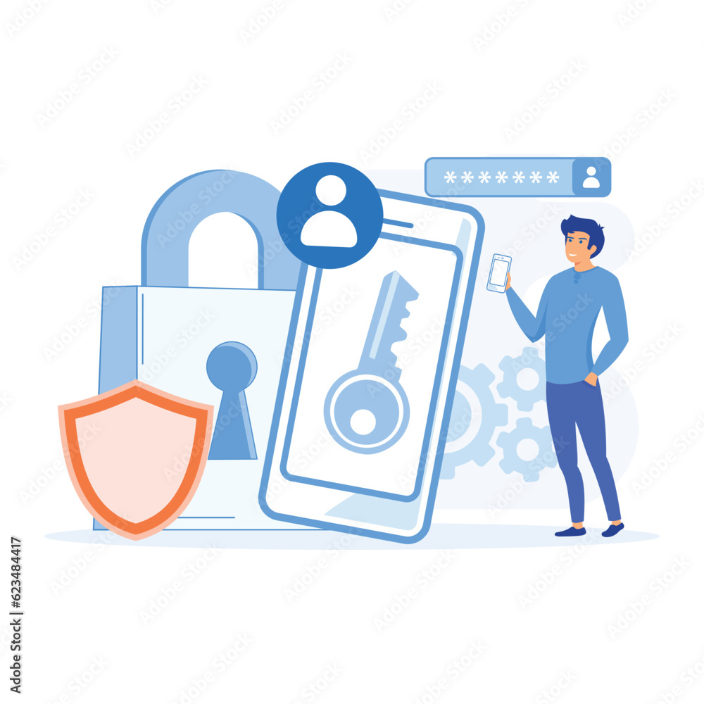 Poster cyber security services to protect personal data, server security and data protection, flat vector m