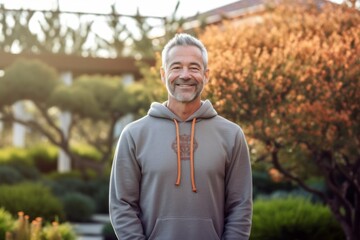 Editorial portrait photography of a happy mature man wearing a stylish hoodie against a serene zen garden background. With generative AI technology