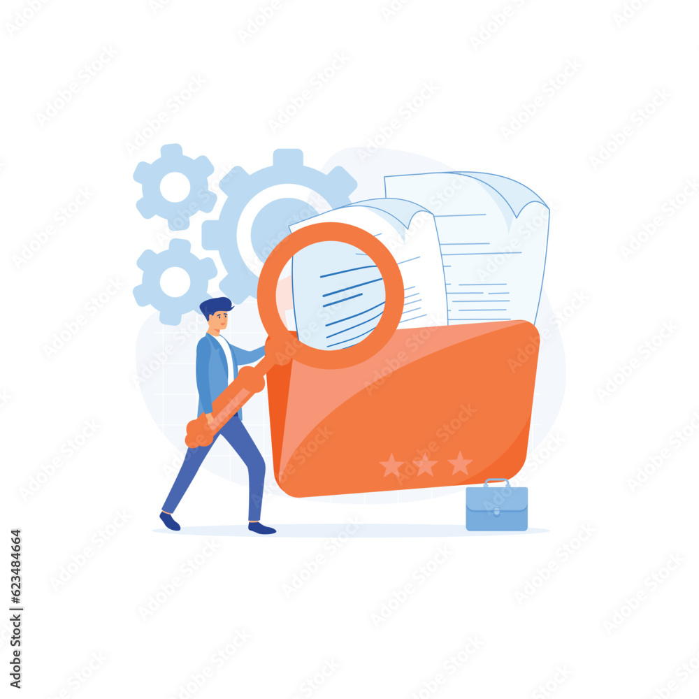 Poster file manager, data storage and indexing. workers searching file uses magnifying glass. flat vector m