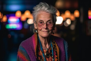 Headshot portrait photography of a glad old woman wearing a trendy jumpsuit against a lively night club background. With generative AI technology