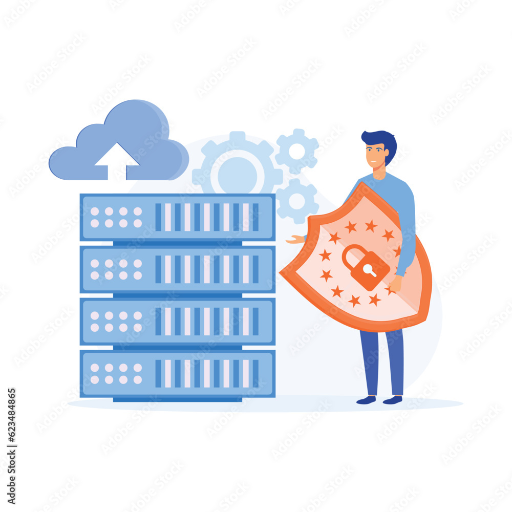Poster concept of secured database, man holding shield and server or hard disks, flat vector modern illustr