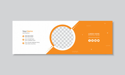 Creative and modern email signature or email footer design with orange abstract shapes, professional standard personal social media cover with place for photo, easy to use and edit