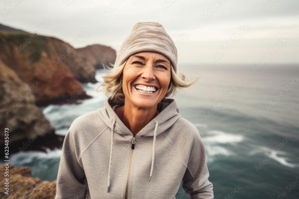 Wall mural Close-up portrait photography of a happy mature woman wearing a comfortable hoodie against a dramatic coastal cliff background. With generative AI technology