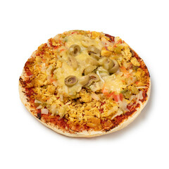 Single small Moroccan pizza isolated on white background